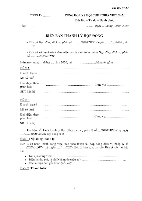Mẫu Biên Bản Thanh Lý Hợp Đồng